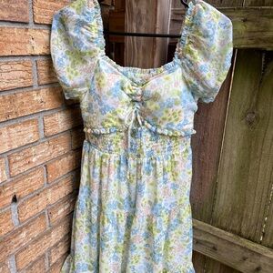 Green and Blue Ruched Puff Sleeve Midi Dress